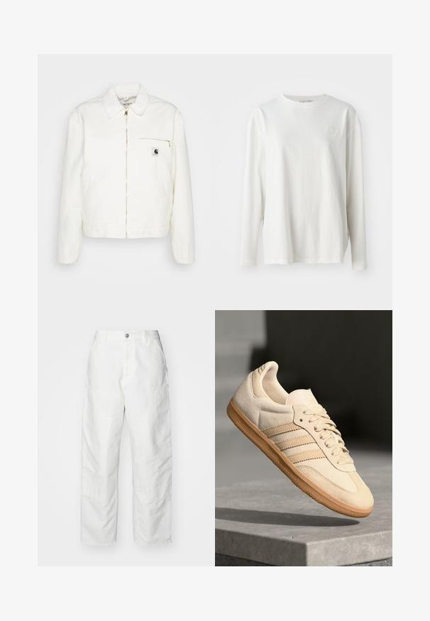 Hvid denimjakke med krave, guldlukning og en venstre brystlomme med et logo. Blød tekstur og afslappet silhouette.; Hvid langærmet t-shirt lavet af bomuld, med rund hals, sænkede skuldre og et diskret logo på brystet. Blød tekstur.; Hvide cargo-bukser lavet af denim, med en afslappet pasform, sidelommer og synlige syninger. Ensfarvet front med knaplukning.; Lys beige ruskinds sneakers med gummisål, tre diagonale striber og en tekstureret tætsko. Har logo på tungen og siden.