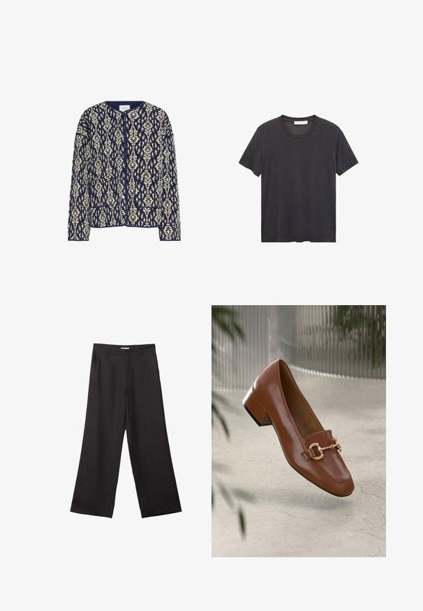 Marineblå og cremefarvet mønstret jakke med rund halsudskæring, knaplukning og to frontlommer; tekstureret stof med blomsterdesigns overalt.; Sort crew-neck t-shirt lavet af blødt bomuldsstof. Korte ærmer, afslappet pasform og lige kant uden udsmykninger eller mønstre.; Sorte bukser med vidde, lavet af glat stof, med en frontlynlås og to sidelommer, i en skræddersyet pasform og minimalistisk design.; Brun patentlæder loafers med firkantet tå, metallisk kædeaccent og lav blokhæl; glat tekstur, minimalistisk design.