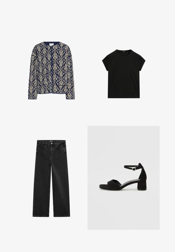 Niebieska i kremowa kurtka w wzory z okrągłym dekoltem, zapięciem na guziki i dwiema przednimi kieszeniami; teksturowany materiał z kwiatowymi wzorami na całej powierzchni.; Czarna, krótka koszulka z okrągłym dekoltem i prostym dołem, wyeksponowana na płasko na białym tle.; Szerokie czarne dżinsy z subtelnym wzorem w pionowe paski, z pięcioma kieszeniami oraz klasycznym zapięciem na guzik w talii.; Czarne zamszowe sandały na obcasie z cienkim paskiem wokół kostki, otwartym noskiem i skromnym słupkowym obcasem. Gładka faktura i minimalne akcenty.