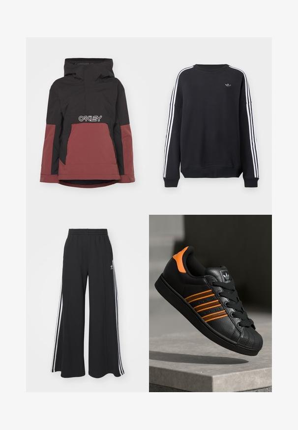 Chaqueta aislante negra y burdeos con capucha, con media cremallera en la parte delantera y un prominente logo blanco "OAKLEY" en el área del pecho. Cuenta con bolsillos laterales.; Sudadera negra con mangas largas, rayas blancas a lo largo de cada brazo y un pequeño logo gris en el pecho. Material de algodón, ajuste casual.; Pantalones de chándal negros de pierna ancha con una cinturilla elástica, que presentan franjas blancas a los lados y un logo bordado en el muslo izquierdo.; Zapatilla negra con acentos naranjas, tres franjas horizontales, parte superior de cuero texturizado, punta de goma y cordones negros.