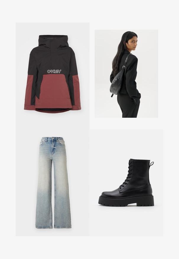 Zwarte en bordeauxrode geïsoleerde jas met capuchon, halve ritssluiting aan de voorkant en een prominente witte "OAKLEY"-logo op de borst. Beschikt over zijzakken.; Vero Moda VMNEWCREAM FUNNELNECK PULLOVER - Trui - black/birch; Lichtblauwe wijdlopende spijkerbroek van denim, met een hoge taille, vijf zakken en zichtbare stiksels langs de naden.; Zwarte leren enkelboots met een ronde neus, vetersluiting aan de voorkant en een dikke rubberen zool met een gestructureerd profiel. Trekbandje aan de achterkant.; Vrouw met lang donker haar in een zwart pak, met een zwart leren schoudertas, die over haar schouder kijkt tegen een witte achtergrond.