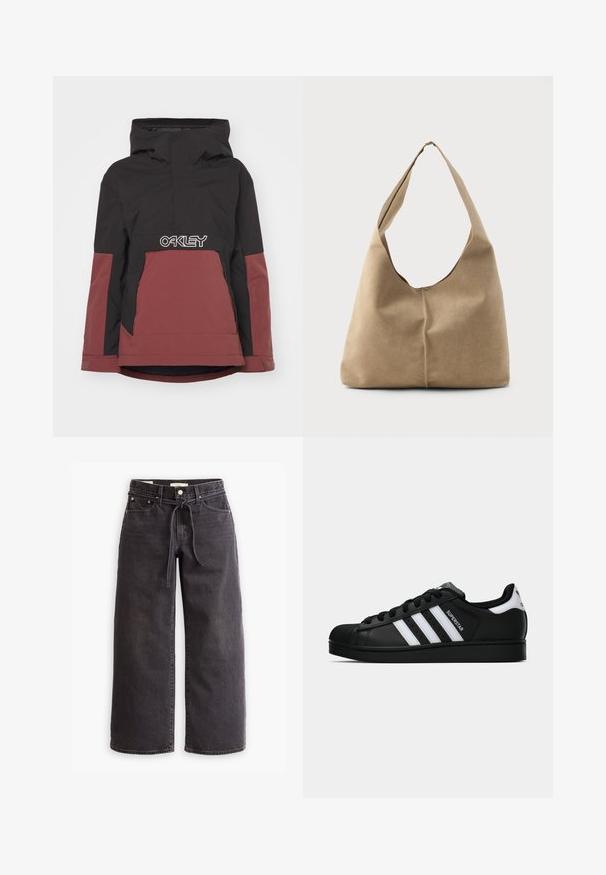 Črna in maroon izolirana jakna s kapuco, pol-zadrgo spredaj in izstopajočim belim logotipom "OAKLEY" čez prsni del. Vsebuje stranske žepe.; Bela bluzica s kratkimi rokavi z navpičnimi in chevron prugami, z zadrgo na sprednji strani, s špicastim ovratnikom in dvema sprednjima žepoma.; Črne široke jeans hlače iz denima, ki imajo pas z vrvico, pet žepov in kontrastne šive. Oblikovanje spredaj je ravno.; Črne superge Adidas Superstar z belimi črtami, zaščitnim pokrovom na prstih in napisom "Superstar" na strani, prikazane v bočnem profilu na beli podlagi.; Hobo torba iz mehkega bež nubuka z ohlapno obliko, širokim ramenskim trakom in ročno šivanim šivom po sprednji strani.