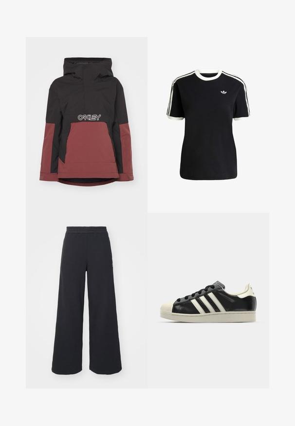 Schwarze und kastanienrote isolierte Jacke mit Kapuze, halbseitigem Reißverschluss und prominentem weißen "OAKLEY"-Logo auf der Brust. Mit seitlichen Taschen.; Schwarzes Baumwoll-T-Shirt mit weißen Akzenten am Kragen und an den Ärmeln, ausgestattet mit drei weißen Streifen auf jeder Schulter und einem kleinen Logo auf der Brust.; Schwarze weite Sweatpants aus weichem Material, mit einem elastischen Taillenbund und einem kleinen Logo auf der linken Seite.; Schwarze Ledersneaker mit weißen Streifen, Gummikappe, schwarzen Schnürsenkeln und einer cremefarbenen Sohle. Glatte Textur mit glänzender Oberfläche.
