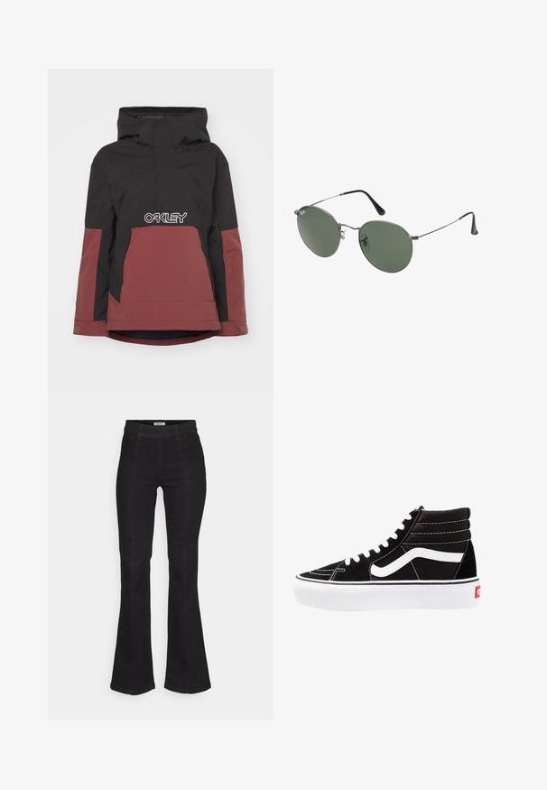 Fekete és bordó színű, kapucnis, bélelt dzseki, félig cipzáros elülső résszel és jellegzetes fehér "OAKLEY" logóval a mellkas területén. Oldalsó zsebekkel rendelkezik.; Két ujjatlan felső fekete és fehér színben, bordás pamutból készült, kerek nyakkivágással és testhez simuló fazonnal. Mindkettőn látható címke.; Fekete harangszárú farmernadrág, magas derékkal, diszkrét elülső varrással és klasszikus öt zsebes kivitelben.; Fekete magasszárú sportcipők fehér fűzővel, fehér logóval és kontrasztos fehér varrással. Vastag fehér talppal és texturált velúrból készült felsőrész jellemzi.; Fémkeretes napszemüveg ovális zöld lencsékkel. Vékony ezüst színű fémkeret és fekete fülrész. Minimalista dizájn, látható logók nélkül.