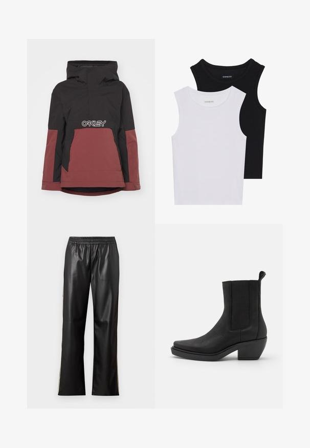 Mustmust ja tume punane isoleeritud jakk kapuutsiga, poolsiidise esiosaga ja silmapaistva valge "OAKLEY" logoga rinna piirkonnas. Omab küljetaskuid.; Kaks lühikeste varrukateta toppi mustas ja valges, valmistatud ribakudumist, ümarate kaelustega ja sobiva disainiga. Mõlemal on nähtavad sildid.; Mustast kunstnahast püksid elastse vöökoha, sirge jala disaini ja kontrastsete külgtriipudega. Sile tekstuur ja minimalistlik stiil.; Mustad mustad nahast jalaehi, millel on elastsed külgpaneelid, kitsenev varvas ja tükiline konts. Tekstureeritud pind sileda viimistlusega.