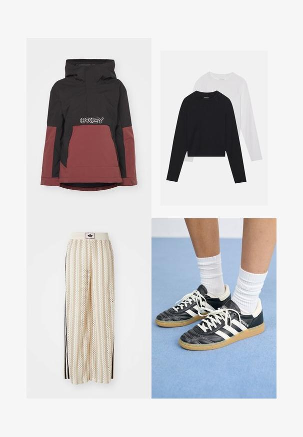 Svart og mørkerød isolert jakke med hette, halv-glidelås foran, og et fremtredende hvitt "OAKLEY"-logo over brystområdet. Har sidelommer.; To lange ermerte skjorter: en svart og en hvit. Begge har rund hals, raglanermer og er laget av en myk bomullsblanding.; Kremfargede bukser med brede ben og zigzag-mønster, med en svart logo-linning og svarte striper på siden. Lett, teksturert stoff.; Sorte lærersneakers med hvite striper, rund tå, hvite snørebånd og såle av gummigummi. Fremhevet med polstret krage og merkeinfos.