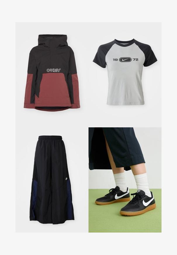 Black and maroon insulated jacket with a hood, half-zip front, and prominent white "OAKLEY" logo across the chest area. Features side pockets.; Grey and black short-sleeve t-shirt, featuring a round neckline, with a central logo and text "1972" in black on the front.; Black wide-leg pants made of lightweight fabric, featuring a navy blue side panel and an elastic waistband. Small white logo on bottom.; Black leather and synthetic sneakers with white Nike swoosh, rubber gum sole, round toe, and black laces. Ribbed white socks visible.