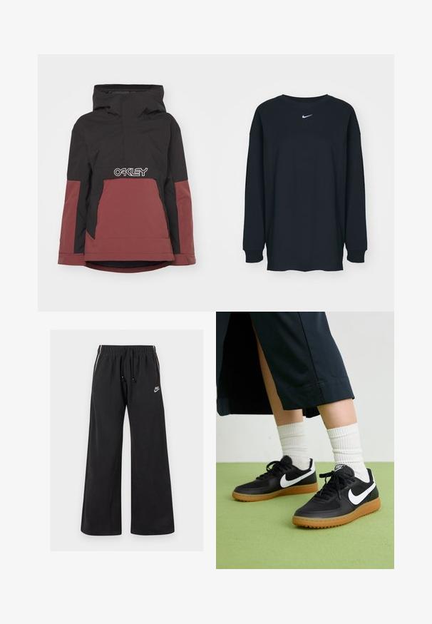Černá a vínová zateplená bunda s kapucí, s půlzipem vpředu a výrazným bílým logem "OAKLEY" přes oblast hrudníku. Obsahuje boční kapsy.; Černé tričko s dlouhým rukávem vyrobené z bavlny s kulatým výstřihem. Na hrudi se nachází bílé logo Nike. Měkká textura, jednoduchý design.; Černé tepláky vyrobené z měkké látky, s elastickým pasem a stahovací šňůrou, bočními pruhy a malým logem na levé přední straně.; Černé kožené a syntetické tenisky s bílým logem Nike, gumovou podrážkou, kulatou špičkou a černými tkaničkami. Viditelné žebrované bílé ponožky.