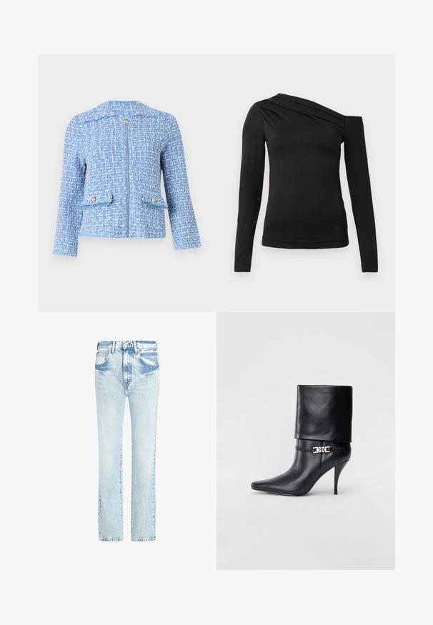 Blå tweedjakke med en teksturert overflate, har en frontglidelås, to lommer med dekorative knapper og kragefri design.; Svart langermet topp med asymmetrisk halslinje, med én skulder eksponert og mild drapering over brystet.; Lys blå denim jeans med rett ben-design, fem lommer og en falmet tekstur. Har synlig søm og en klassisk knappelukking.; Sorte lærstøvlett med spiss tå, høy stiletthel, omslagskant og en dekorativ gullspenne rundt ankelen.