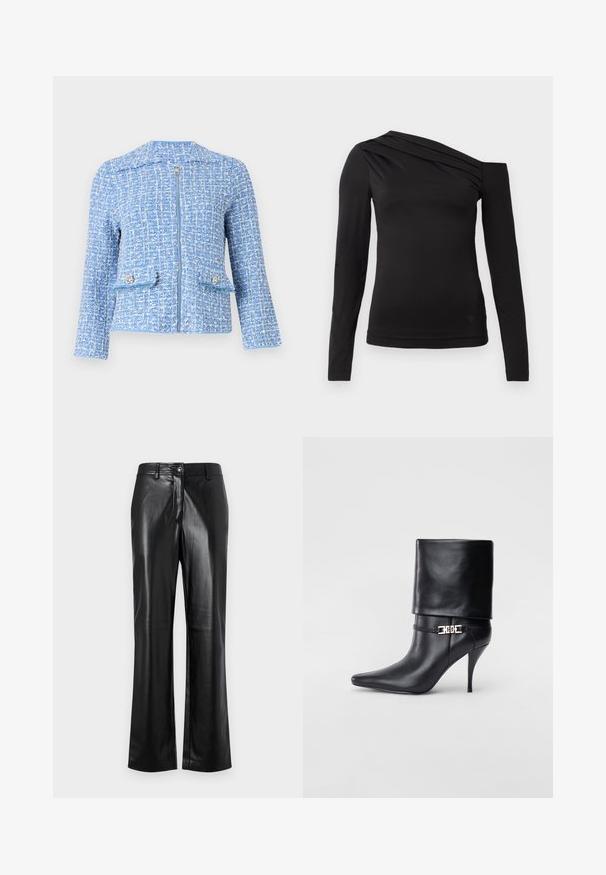 Plava tvid jakna s teksturiranom površinom, ima prednji patentni zatvarač, dva džepa sa dekorativnim dugmadi i dizajn bez ovratnika.; Crni dugi rukav vrh s asimetričnom izrezom, s jednim ramenom otkrivenim i nježnim drapiranjem preko grudnog dijela.; Crne kožne hlače ravnog kroja, s prednjim zatvaranjem na dugme, petljama za remen i glatkom, sjajnom teksturom.; Crna kožna gležnjača s šiljastim prstom, visokim stiletto potplatom, preklopnim rubom i zlatnom dekorativnom kopčom na gležnju.