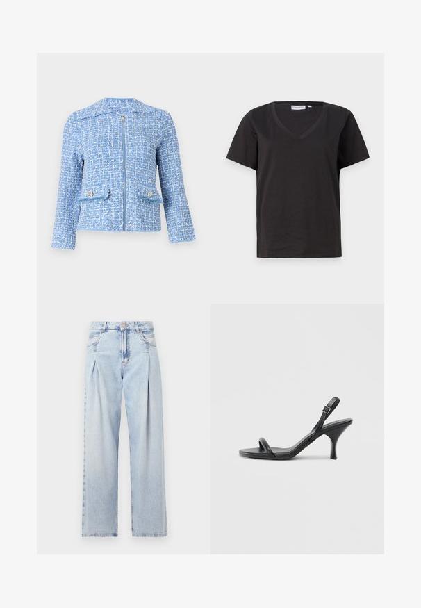 Blaue Tweedjacke mit strukturierter Oberfläche, ausgestattet mit einem Frontreißverschluss, zwei Taschen mit dekorativen Knöpfen und einem kragenlosen Design.; Schwarzes Baumwoll-T-Shirt mit V-Ausschnitt und kurzen Ärmeln. Einfaches Design mit normalem Schnitt und ohne Muster oder Akzente.; Helle blaue Denim-Jeans mit hoher Taille, weitem Beinschnitt, zwei seitlichen Taschen und gefaltetem Design. Weiche Textur mit einem ausgebleichten Finish.; Schwarze Leder-Sandalen mit hohen Absätzen, schlankem, gebogenem Absatz und gekreuztem Riemendesign. Verstellbarer Knöchelriemen. Glatte Textur.