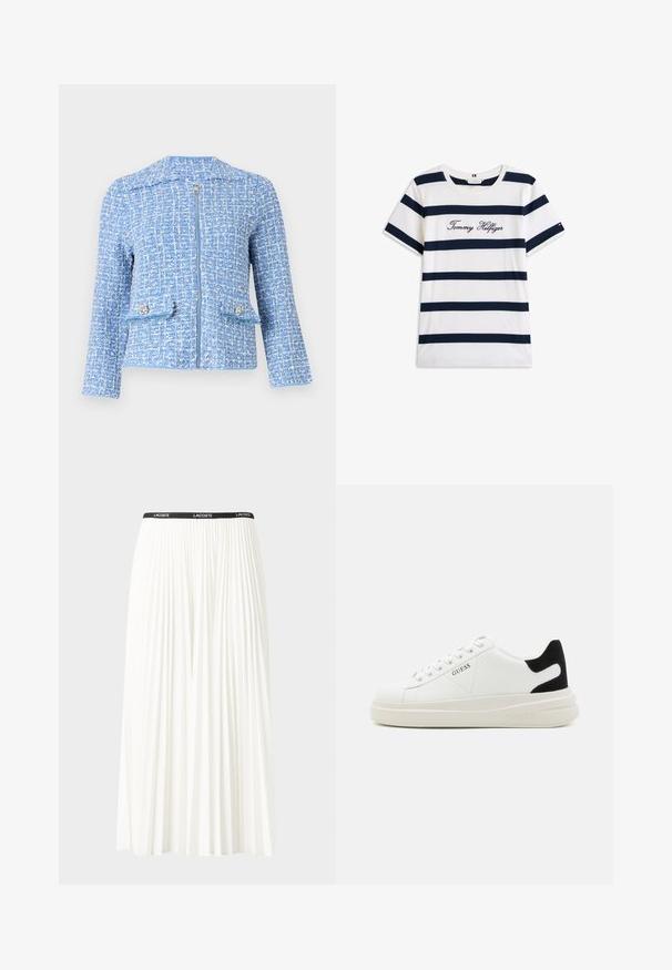 Giacca blu in tweed con superficie testurizzata, dotata di una zip frontale, due tasche con bottoni decorativi e design senza colletto.; T-shirt in cotone con righe orizzontali blu navy su sfondo bianco. "Tommy Hilfiger" ricamato in corsivo sul petto. Collo a giro.; Gonna bianca plissettata con elastico nero in vita che presenta il logo "LACOSTE". Design di lunghezza media con texture morbida.; Sneaker bianchi in pelle con suola spessa bianca, accento in suede nero sul tallone e logo impresso sul lato. Design con lacci e sei fori per i lacci.