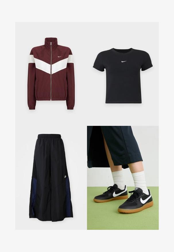 Burgunderfarget vindjakke med hvite chevronstriper, høy krage, glidelås foran, elastiske mansjetter og hem; Nike-logoen på venstre bryst.; Svart T-skjorte med kort arm laget av bomull med rund hals. Har en hvit Nike-logo på brystet, minimalistisk design og tettsittende fasong.; Svarte vide bukser laget av lett stoff, med et marineblått sidestykke og elastisk midjebånd. Liten hvit logo nederst.; Sorte lær- og syntetiske joggesko med hvit Nike swoosh, gummisåle, rund tå og sorte lisser. Ribbet hvite sokker synlige.