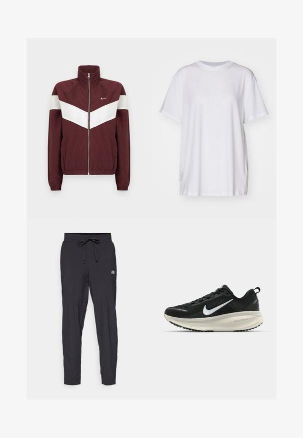 Vínová větrovka s bílými chevronovými pruhy, vysokým límcem, předním zipem, elastickými manžetami a lemem; logo Nike na levé straně hrudi.; Bílé oversized tričko vyrobené z bavlny, s kulatým výstřihem, krátkými rukávy a bočními rozparky pro uvolněný střih. Hladká textura.; Černé sportovní kalhoty vyrobené z lehkého materiálu s elastickým pasem a nastavitelným stahováním. Na boku se nachází malé logo.; Černá běžecká obuv Nike s prodyšným síťovaným svrškem, bílým logem swoosh, texturovanými detaily a krémovou mezipodešví ZoomX.