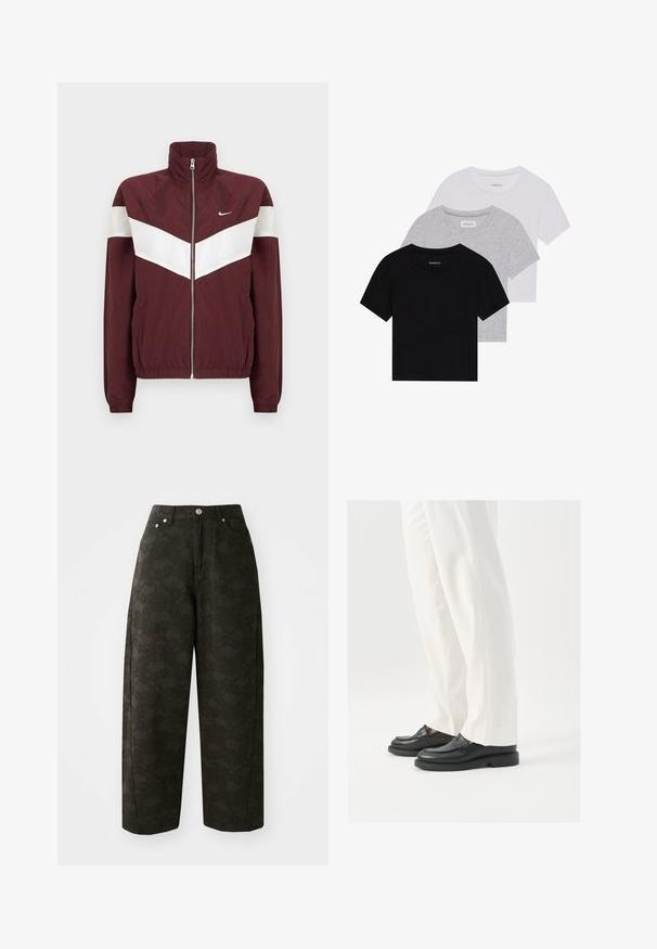 Bordo värvi tuulejakk valgete chevron-ribadega, kõrge krae, ees lukk, elastsed varrukate ja ääred; Nike logo vasakul rinnal.; Kollektsioon kolm lühikese varrukaga T-särki mustas, hallis ja valges värvitoonis. Valmistatud puuvillast, ümmarguse kaelusega ja lihtsa, ühevärvilise disainiga.; Tumedad rohelised laiad püksid, millel on tekstuurne lillemuster, viie tasku disain ja metallist nupud vööl.; Mustad musta nahast loafers, millel on sile tekstuur, õmblustäiendused ja ümar nina, koos valgete kohandatud pükstega.