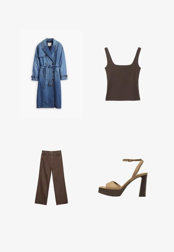 Denim trenchcoat i en medium blå nuance, med dobbeltradet design, bælte i taljen og knapløse ærmer med klassisk krave.; Brun ærmeløs top med firkantet udskæring, lavet af blød, strækbar stof. Har et tætsiddende design og flade sømme.; Bredde ben brun denim jeans med høj talje, forlommer og klassisk knaplukning. Glat tekstur med diskret syninger.; Beige ruskinds højhælede sandaler med en bred foranrem og ankelrem, der har en kraftig træblokhæls struktur.