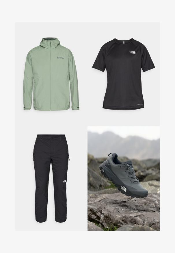 Lichtgroene waterdichte jas met een capuchon, een rits aan de voorkant en een logo op de bovenste linkerzijde. Heeft verstelbare manchetten en een gladde textuur.; Zwarte sportshirt met korte mouwen van textuurstof, met een wit logo op de linkerborst en een rechte zoom.; The North Face WINTER EXPLORATION TAPERED CARGO - Outdoorbroeken - black; Grijze trailrun-schoen met een gestructureerde bovenkant, duurzame rubbersole en versterkte neuskap. Voorzien van veters en een merkimprint aan de zijkant.