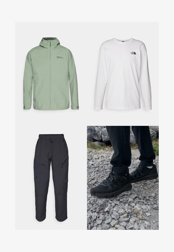 Veste imperméable vert clair avec une capuche, fermeture éclair à l'avant et logo en haut à gauche. Comprend des poignets réglables et une texture lisse.; T-shirt blanc à manches longues en coton avec un col rond. Présente un petit logo noir sur la poitrine. Texture lisse, coupe régulière.; Pantalons cargo noirs en matériau léger et résistant à l'eau ; dotés d'une taille élastique, de plusieurs poches zippées et de jambes fuselées.; Chaussures d'extérieur noires en matériau synthétique et en maille, présentant une tige texturée, un système de lacets sécurisé et une semelle extérieure robuste, sur un terrain rocailleux.