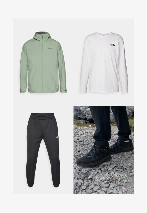 Lichtgroene waterdichte jas met een capuchon, een rits aan de voorkant en een logo op de bovenste linkerzijde. Heeft verstelbare manchetten en een gladde textuur.; Witte lange mouwen T-shirt gemaakt van katoen met een ronde hals. Beschikt over een klein zwart logo op de borst. Soepele textuur, normale pasvorm.; Zwarte sweatpants met een trekkoord in de taille, tapered fit, elastische boorden en een klein wit logo op de linker dij, gemaakt van gladde stof.; Zwarte buitenschoenen van mesh en synthetisch materiaal, met een gestructureerd bovenwerk, een beveiligd vetersysteem en een robuuste zool, op een ruig terrein.