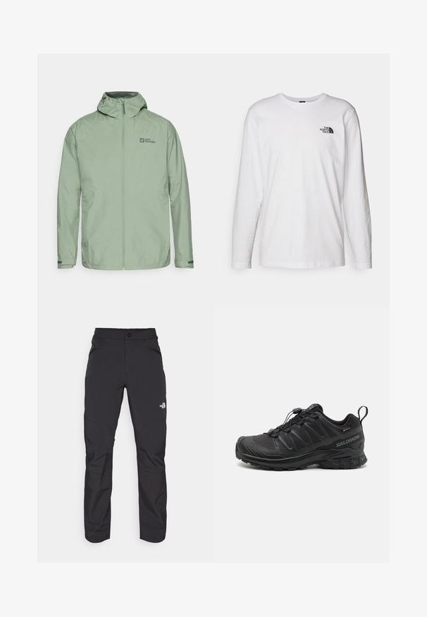 Hellgrüne wasserdichte Jacke mit Kapuze, Reißverschluss vorne und Logo auf der oberen linken Seite. Verfügt über verstellbare Manschetten und eine glatte Textur.; Weißes langärmliges T-Shirt aus Baumwolle mit Rundhalsausschnitt. Verfügt über ein kleines schwarzes Logo auf der Brust. Glatte Textur, reguläre Passform.; Schwarze Outdoor-Hosen mit einer Reißverschlusstasche vorne, aus synthetischem Material, mit schmal zulaufenden Beinen und verstärkten Kniefeldern. Verfügt über einen Knopfverschluss.; Schwarzer Sportschuh mit einer strukturierten, synthetischen Oberseite, gepolsterten Sohle und einem schnellen Schnürsystem. Verfügt über eine verstärkte Zehen- und Fersenkappe.