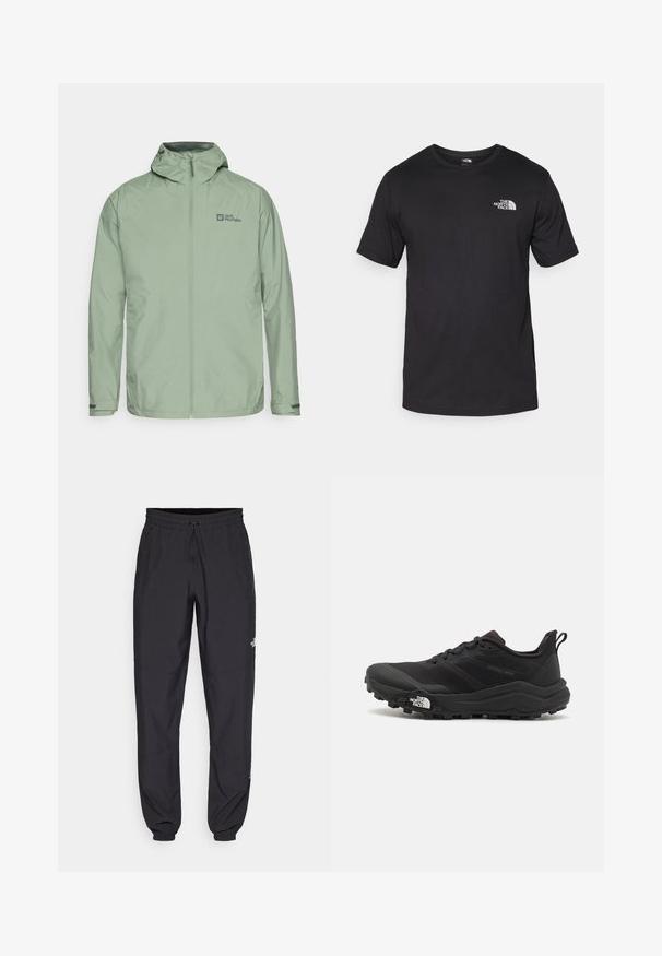 Heledad roheline veekindel jakk kapuutsiga, tõmblukk ees ja logo vasakul ülal. Omab reguleeritavaid mansette ja sujuvat tekstuuri.; Must have lühikeste varrukatega must T-särk, mis on valmistatud puuvillast, ümmarguse kaelusega ja väikese valge logoga vasakus ülanurgas.; Mustavad sportlikud püksid, mis on valmistatud kergest kangast, joonlauaga taljest, küljetaskudega ja kitsenevate varrukatega pahkluude juures.; Must tume jooksujalats musta värvi, tekstuurse ülemise osaga, kummist tallaga ja tugevdatud varbaga. Omab pehmendusega krae ja tõmblinti mugavaks selga panemiseks.