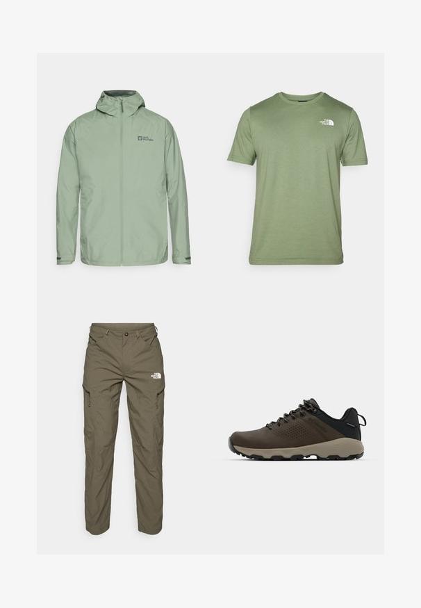 Hellgrüne wasserdichte Jacke mit Kapuze, Reißverschluss vorne und Logo auf der oberen linken Seite. Verfügt über verstellbare Manschetten und eine glatte Textur.; Olivenfarbene T-Shirt mit kurzen Ärmeln aus weichem Stoff. Verfügt über einen Rundhalsausschnitt und ein weißes Logo auf der linken Brust. Glatte Textur über das gesamte Shirt.; Olivgrüne Outdoor-Hosen aus leichtem Material, ausgestattet mit Cargo-Taschen, Reißverschlussakzenten und einem Logo an der Oberschenkeloberseite.; Braune wasserdichte Sneakers mit einer strukturierten Oberseite, perforierten Akzenten, schwarzem Fersenschutz und einer grauen Gummisohle. Die Schnürsenkel sind mit metallischen Enden gestaltet.