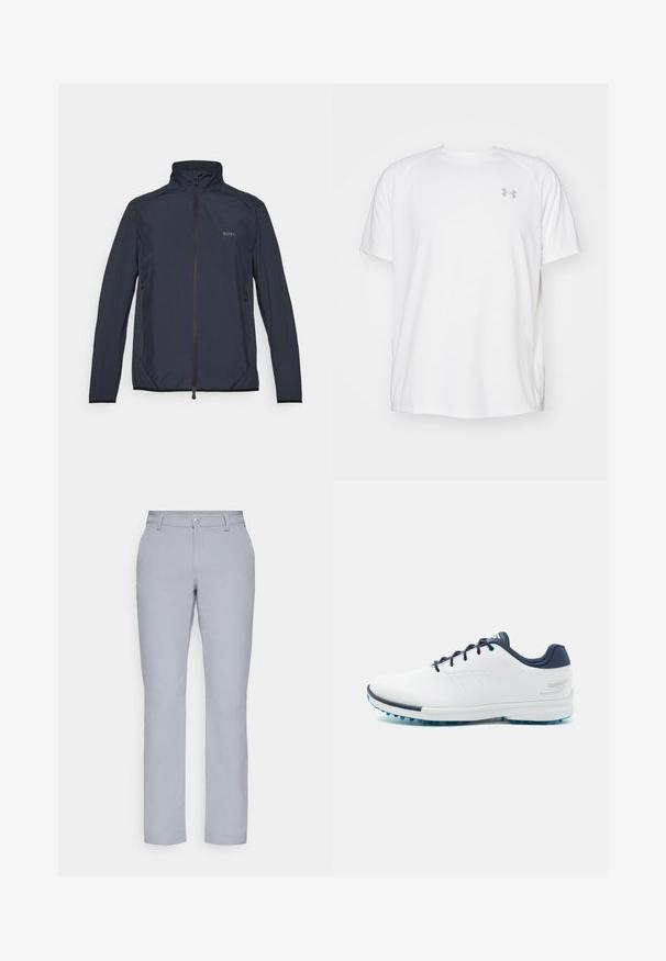 Jachetă albastră închisă, realizată dintr-un material tehnic ușor. Prezintă un guler înalt, închidere cu fermoar, buzunare laterale și un logo subtil pe piept.; Camică sport cu mânecă scurtă, de culoare albă, fabricată dintr-un material neted. Dispune de un guler tip crew și un logo gri pe pieptul stâng, cu slituri laterale la tiv.; Pantaloni gri deschis cu o croială dreaptă, închidere cu nasture, buzunare frontale și un material neted, texturat. Design minimalist, fără modele.; Pantofi sport albi cu un uppersintetic neted, accente albastre, toc texturat în nuanță de marine și o talpă ușoară cu țepii pentru aderență.
