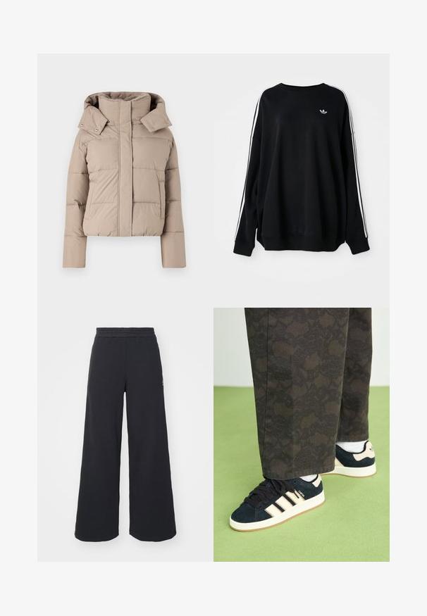 Világos bézs puffdzseki, magas gallérral és kapucnival, tűzött részletekkel és két oldalsó zsebbekkel. Simább textúra, rövidített fazon.; Fekete, harang formájú pulóver puha anyagból, fehér csíkokkal a karokon és egy kis logóval a mellkasán. Kerek nyakú.; Fekete, bő szárú melegítőnadrág, puha anyagból készült, rugalmas derékkal és egy kis logóval a bal oldalon.; Fekete és mintás nadrág, navy velúr sportcipővel, krémszínű csíkokkal és fehér talppal párosítva. A bemutatott felületek texturáltak és simák.