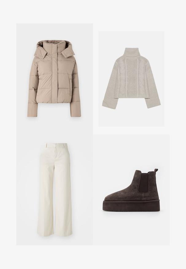 Púfová bunda vo svetlo béžovej farbe, s vysokým golierom a kapucňou, šitým detailom a dvoma bočnými vreckami. Hladká textúra, skrátený strih.; Zastrihnutý svetlý sivý pletený sveter s vysokým golierom a rebrovanými manžetami, so štruktúrovanými káblovými vzormi na chrbte a po stranách.; Široké nohavice svetlej béžovej farby, vyrobené z hladkej textílie. Majú klasický pás a rovný predok s čistými líniami.; Hnedé semišové Chelsea topánky s elastickými bočnými panelmi a hrubou, štruktúrovanou platformou. Obsahujú pútko na päte pre jednoduché obúvanie.
