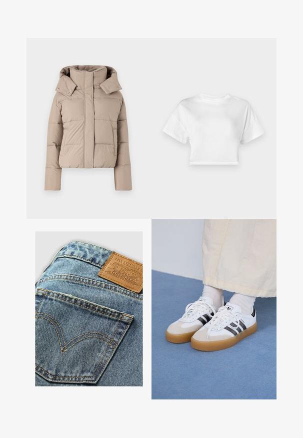 Puffermantel in hellem Beige, mit hohem Kragen und Kapuze, gesteppten Details und zwei Seitentaschen. Glatte Textur, cropped Design.; Weißes, kurzes T-Shirt aus Baumwolle. Kurze Ärmel, runder Ausschnitt, glatte Textur, lässiges Design ohne Muster oder Verzierungen.; Levi's® GOOD GRADES - Flared Jeans - boss business; Weiße Sneaker mit schwarzen Streifen und beigen Wildlederakzenten. Besitzen eine strukturierte Gummisohle und flache weiße Schnürsenkel, getragen mit hellen Socken.