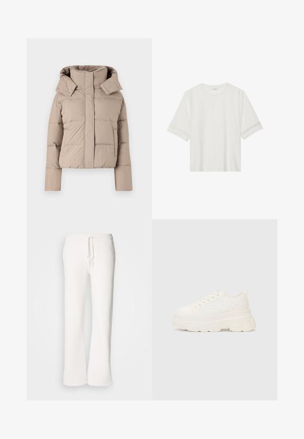 Jachetă puffer în bej deschis, cu guler înalt și glugă, detalii cusute și două buzunare laterale. Textură netedă, design scurt.; Tricou alb cu mânecă scurtă, confecționat din bumbac, cu dantelă decorativă pe marginea mânecilor și un guler rotund.; Pantaloni de trening albi, cu croi lejer, fabricați dintr-un material moale, având o talie elastică cu șnur și un design cu picioare drepte.; Tenisi albi din pânză cu o talpă groasă, vârf rotund și cinci gauri pentru șireturi. Tab pentru ușurința la încălțare. Textură netedă, design minimalist.