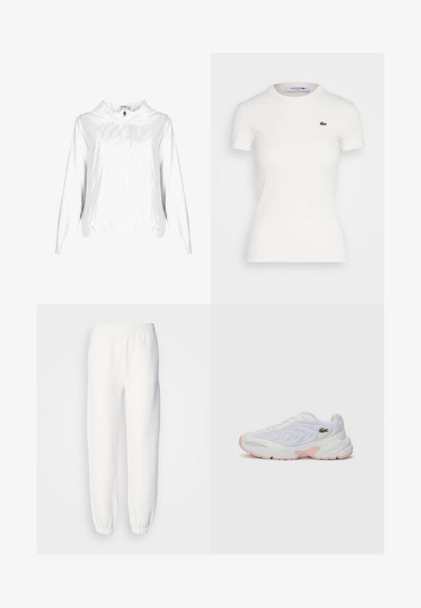 INVICTA Let jakke / Sommerjakker - weiß; Hvid kortærmet ribbet t-shirt med rund halsudskæring og et lille grønt Lacoste krokodillelogo på venstre bryst. Glat bomuldsstof.; Hvide sweatpants lavet af blød, strikket stof. Elastisk talje og manchetter giver en afslappet pasform. Minimalistisk design, ingen synlige mønstre eller accenter.; Hvide sportsko med en tekstureret mesh-overdel, diskrete lyserøde detaljer på sålen og et grønt krokodillelogo på siden.