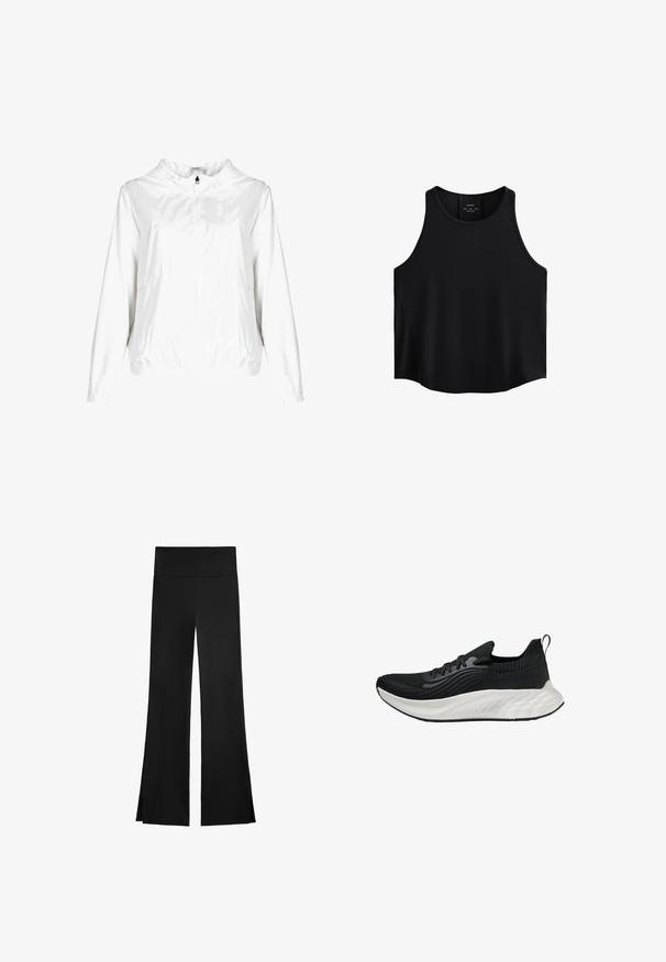 INVICTA Let jakke / Sommerjakker - weiß; Sort ærmeløs top lavet af glat stof, med en rund halsudskæring, lige snit og sidelapper med en subtil tekstur.; Sorte bukser med bredt ben-design, featuring en høj talje og sideslids for nem bevægelse. Fremstillet af et glat, strækbart stof.; Sort atletisk sko med en tekstureret overdel, en hvid polstret sål og diskret branding. Har en trækflap og snørelukning.