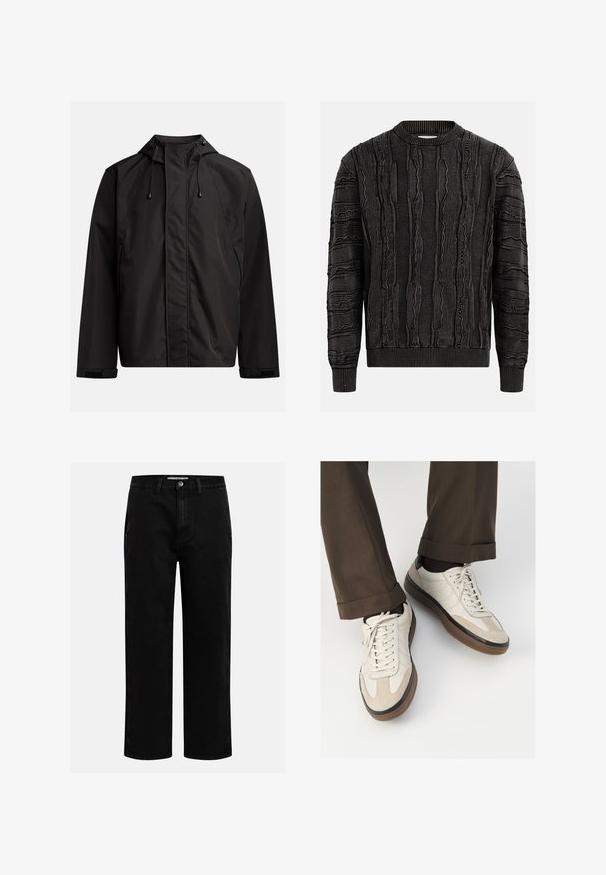 Veste imperméable noire avec un col haut, une capuche ajustable et des poignets en Velcro ; texture lisse avec un design minimaliste.; Pull en maille noire texturée avec un col rond, présentant des motifs en relief et des poignets et un ourlet côtelés pour un détail et un contraste supplémentaires.; Pantalons en denim noir avec une coupe droite, design classique à cinq poches et fermeture à bouton à la taille. Texture lisse et tissu durable.; Baskets beiges avec un devant en suède texturé, côtés en cuir lisse et semelle en caoutchouc brun. Lacets et détails de couture légère inclus.