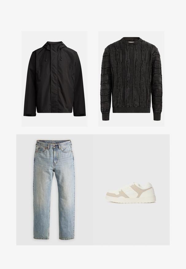 Musta vedenpitävä takki, jossa on korkea kaulus, säädettävä huppu ja tarrakaulus; sileä pinta ja minimalistinen muotoilu.; Ribattu musta neulepaita pyöreällä pääntiellä, jossa on kohokuvioituja kuvioita sekä resorit hihoissa ja helmassa, jotka lisäävät yksityiskohtia ja kontrastia.; Vaaleansininen farkut, joissa on korkea vyötärö, etunappi, vetoketju ja viisi taskua, asetettu tasaisesti neutraalille taustalle.; Valkoiset ja beigeit tennarit, joissa on yhdistelmä sileitä ja mokkapintaisia tekstejä, pyöreä kärki, nauhakiinnitys ja litteä kumipohja.