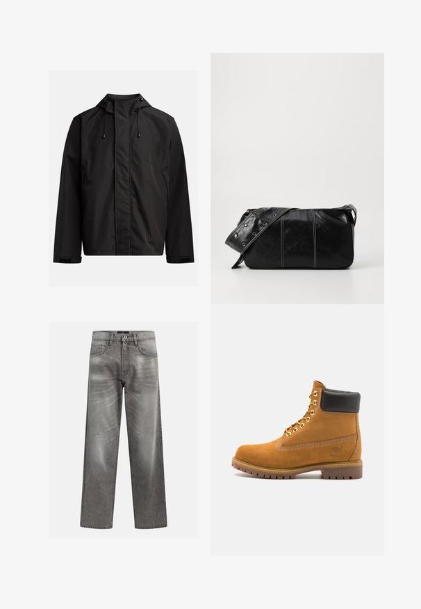 Black waterproof jacket featuring a high collar, adjustable hood, and Velcro cuffs; smooth texture with a minimalist design.; Cream cotton t-shirt with short sleeves and a crew neckline. Features a graphic print in blue and red with text and a motif.; Gray denim jeans with a loose fit, featuring whiskering and fading details, a classic five-pocket design, and a button closure.; Tan suede ankle boot with black padded collar, gold metal eyelets, white stitching detailing, and rugged rubber sole with pronounced treads.; Black leather shoulder bag with a zip closure, featuring a textured body, white stitching, and a strap with silver grommets.