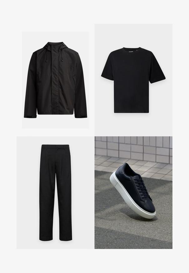Casaco impermeável preto com colarinho alto, capuz ajustável e punhos em Velcro; textura suave com um design minimalista.; T-shirt preto de manga curta com decote redondo e um corte descontraído, exibido sobre um fundo branco.; Calças pretas feitas de tecido suave, com um design de perna reta, dois pregas frontais e uma cintura padrão com passantes para cinto.; Sapatilha de couro preto com bico arredondado e sola de borracha branca. Apresenta atacadores planos e costuras mínimas na parte superior. Sola texturizada para melhor aderência.