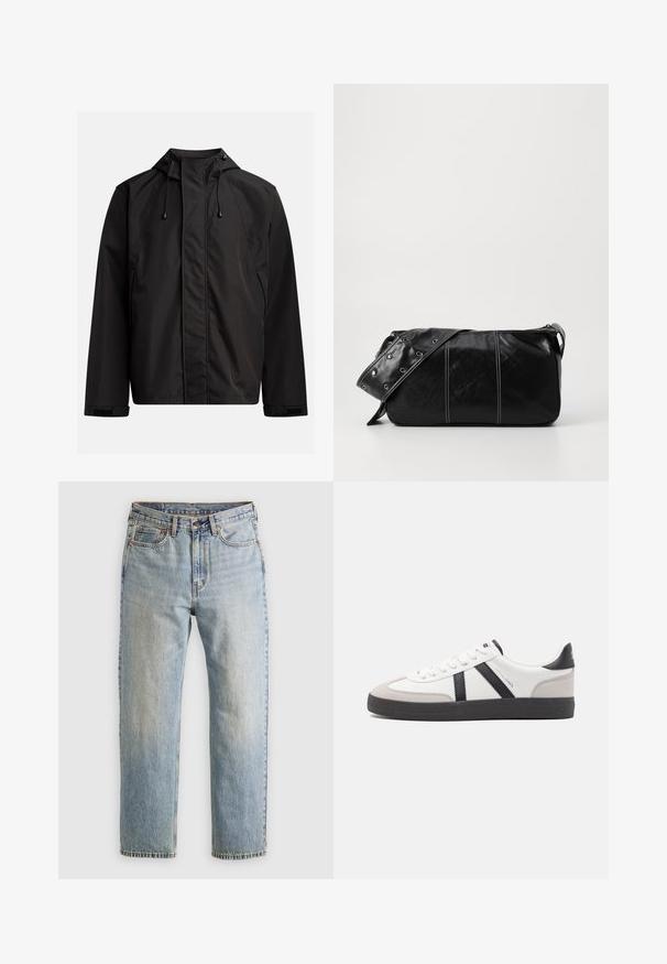 Musta vedenpitävä takki, jossa on korkea kaulus, säädettävä huppu ja tarrakaulus; sileä pinta ja minimalistinen muotoilu.; Yksinkertainen vaalea harmaa lyhythihainen t-paita, jossa pyöreä kaula-aukko, esitetty valkoista taustaa vasten, edestä katsottuna ilman näkyviä logoja tai kuvioita.; Vaaleansininen farkut, joissa on korkea vyötärö, etunappi, vetoketju ja viisi taskua, asetettu tasaisesti neutraalille taustalle.; Valkoiset lenkkarit mustilla ja harmailla yksityiskohdilla, joissa on teksturoitu harmaa kärki, musta kumipohja ja litteät valkoiset nauhat. Siisti muotoilu, minimalistinen tyyli.; Mustakulmainen nahkainen olkalaukku, jossa on vetoketjukiinnitys, teksturoitu pinta, valkoiset ompeleet ja hihna, jossa on hopeiset niitit.