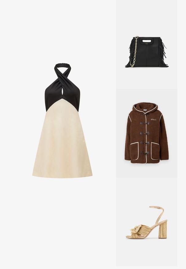 Rudas vilnos paltas su gobtuvu, su užtrauktukais, didelėmis priekinių kišenėmis, balta apdaila ir „STIEGLITZ“ logotipu ant krūtinės.; Halterio suknelė su juoda viršutine dalimi ir kreminės spalvos A linijos sijonu, pasižyminti kaklo srityje sukimo dizainu ir lygia tekstūra.; Auksinės kulno sandalai su susuktų priekiu, godžių tekstūra ir kulkšnies juosta. Bloko kulnas turi briaunotą dizainą, kuris pagerina sukibimą.; Juodas odinis rankų darbo rankinys su frinzuotomis detalėmis, auksine grandinės petneša ir išpjauto dizaino rankena. Pirmoje pusėje yra logotipo vieta.