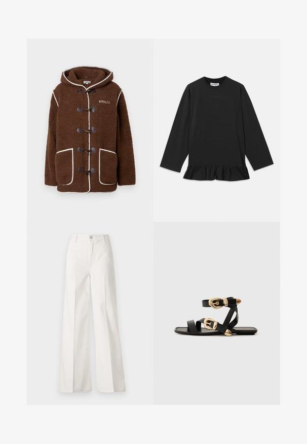 Rjava flis jakna s kapuco, opremljena z naramnicami, velikimi sprednjimi žepi, belim obrobom in logotipom "STIEGLITZ" na prsih.; Črn dolgrokavnik s krožnim izrezom, nabranim robom in subtilnim napisom spredaj. Narejen iz mehkega, udobnega materiala.; Bele široke hlače iz bombaža z gladko teksturo. Imajo gumb spredaj, zadrgo in zasnovo z štirimi žepi.; Črne usnjene sandale z zlatimi zaponkami, ki imajo več trakov in ravno podplati za nošenje brez prstov.