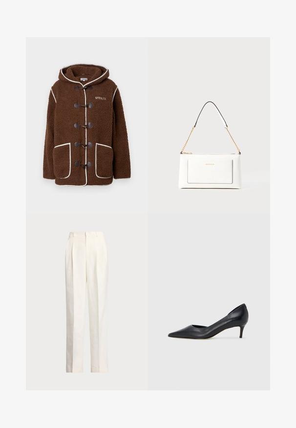 Coadă de blană marron cu glugă, dotată cu închideri tip toggle, buzunare frontale mari, detalii albe și logo-ul "STIEGLITZ" pe piept.; Pulover alb fără mâneci, realizat din bumbac moale, cu un tiv crenelat și un mic logo bleumarin în colțul din stânga jos. Design simplu, fără modele.; Polo Ralph Lauren HEMP WIDE LEG PANT - Pantaloni - nevis; Pantof din piele neagră, cu vârf ascuțit și toc mic. Are o textură netedă și un luciu subtil. Decupaj deschis în partea din față pentru un detaliu suplimentar.; Geantă de mână din piele albă cu un finisaj texturat, având o curea din lanț aurie și accente negre. Include un buzunar frontal și închidere cu fermoar.