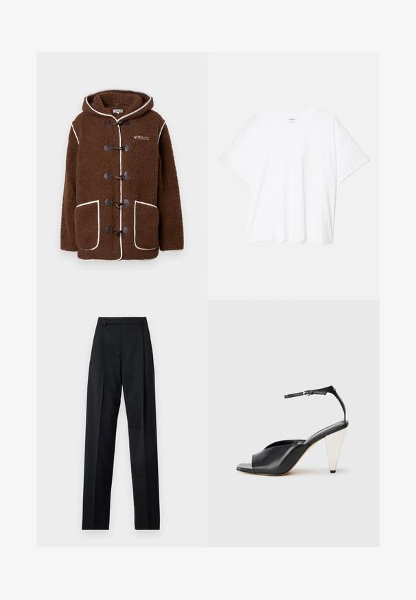 Smeđi flis kaput s kapuljačom, s kopčama na preklapanje, velikim prednjim džepovima, bijelim obrubom i logotipom "STIEGLITZ" na prsima.; Bijela pamučna majica s kratkim rukavima, okruglim izrezom, opuštenim krojem i šivenim rubom. Etiketa je vidljiva na unutarnjoj strani vrata.; Crne hlače od glatkog materijala s visokim strukom, širokim nogavicama, prednjim pregibima i klasičnim petljama za remen. Nema vidljivih bočnih džepova.; Crne kožne sandale s visokim potpeticama, otvorenim prstima, asimetričnim dizajnom, remenom oko članka i metalnom konusnom potpeticom. Glatka tekstura kroz cijelu cipele.