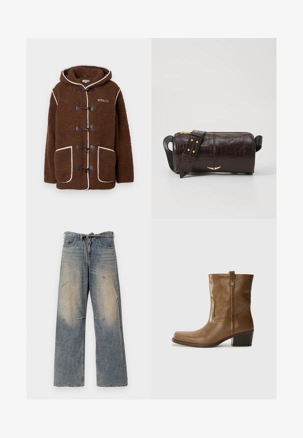 Prune fliisist mantli kapuutsiga, millel on toggle-kinnitused, suured ees taskud, valge äär ja "STIEGLITZ" logo rinnal.; Pikkade varrukatega helesinine topp ümmarguse kaelusega. Valmistatud pehmest kangast, sisaldab keskset õmblust ja kergelt kaardus serva. Ei ole nähtavat riistvara.; Heledad sinine teksapüksid, millel on lõdva ja sirge jala disain. Omab venitamist, pleekimist ja kulunud detaile põlvede lähedal. Klassikaline viie tasku stiil.; Pruun nahkne ankle boot ruudukujulise varbaga, tekstuuriga viimistluse ja madala virnastatud kontsaga. Sisaldab taga tõmbeaasat ja peeneid õmbluse detaile.; Pruunist krokodillimustrist nahast kott, millel on silindri kuju, kuldse tooni metalldetailid ja eemaldatav rihm, kus on nupud.