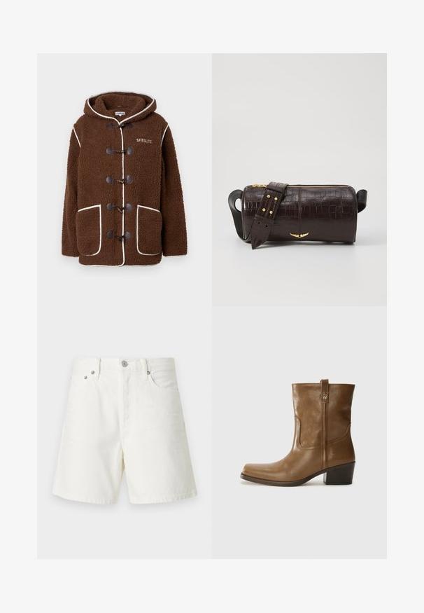 Ruskea fleece-takki, jossa on huppu, vannekiinnitys, suuret etutaskut, valkoinen reunus ja "STIEGLITZ"-logo rinnassa.; Pitkähihainen, vaaleanbeige paita, jossa on pyöreä kaula-aukko. Valmistettu pehmeästä kankaasta, jossa on keskeinen sauma ja hieman kaareva helma. Ei näkyvää metalliosaa.; Valkoiset farkkushortsit suoralinjaisella leikkauksella, viiden taskun muotoilulla, edessä napituksella, hopeisilla yksityiskohdilla ja ommelluilla yksityiskohdilla.; Ruske nahkasaappaat nilkkamittaisella leikkauksella, neliönmuotoisella kärjellä, teksturoidulla pinnalla ja alhaisella pinottavalla korolla. Varustettu takana olevan vetotarran ja huomaamattomilla ompeleilla.; Ruskea krokotiilinkuosilla varustettu nahkalaukku, jossa on sylinterimäinen muoto, kultasävyiset yksityiskohdat ja irrotettava hihna, jossa on niittejä.