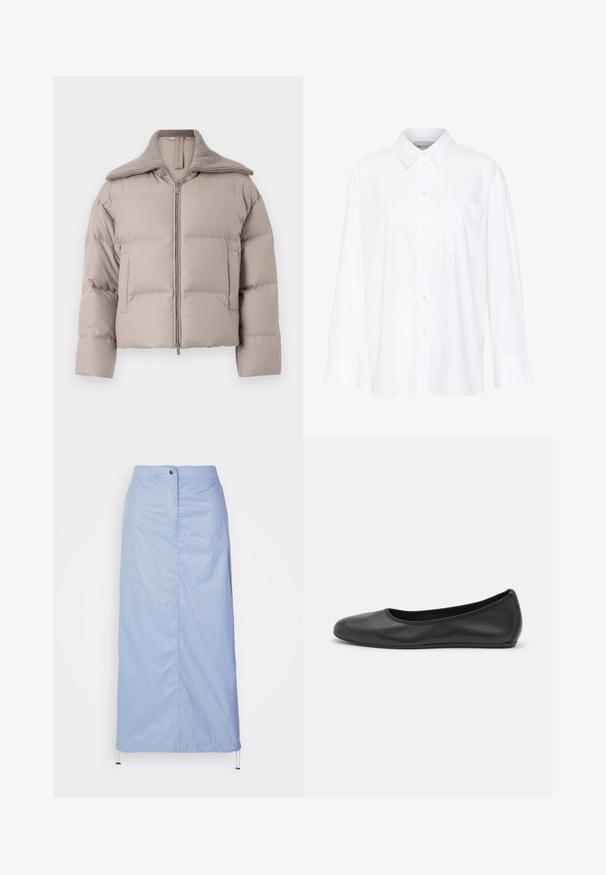 Marella GIANO - Sulejope - tortora; Valge pika käisega krae särg, mis on valmistatud puuvillast. Omab nööbipaneeli esiosa ja ühte rinna taskut. Sujuv tekstuur, vabalt lõigatud.; Hele sinise, keskmise pikkusega seelik, mis on valmistatud siledast, kergest materjalist ja millel on sirge lõige. Seelikul on eesnuppude sulgemine ja tõmbluku äär.; Musthave mustika tantsutossud mustast nahast, ümmarguse varbaga, siledast tekstuurist, minimaalse õmblusdetailiga ja paindliku tallakujundusega.