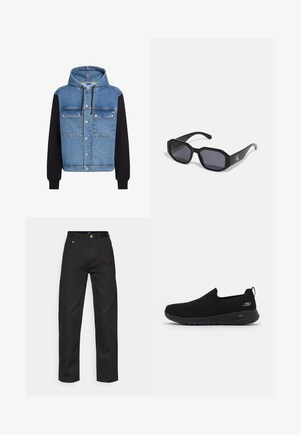 Džinsinė striukė su mėlyna viršutine dalimi, juodomis rankovėmis, gobtuvu, užsegimu su spaustukais ir dviem krūtinės kišenėmis. Minkšta tekstūra visame striukės paviršiuje.; Juodas džinsinis marškinis su ilgomis rankovėmis, mygtukų užsegimu ir sidabrinėmis detalėmis. Turi tiesų kirpimą ir vientisą tekstūrą.; Juodi džinsai su tiesiu kirpimu, su žaliais akcentiniais mygtukais ir standartiniu penkių kišenių dizainu. Lygus paviršius, klasikinis stilius.; Juodas slip-on tipo sportinis batelis su orui pralaidžia viršutine dalimi, apvaliu pirštu ir paminkštintu guminio pado. Šone yra logotipas.; Juodi akiniai nuo saulės su aštuonkampiu rėmu, tamsiais lęšiais, blizgiais plastikiniais matiniais ir sidabriniu logotipo akcentu vienoje pusėje.