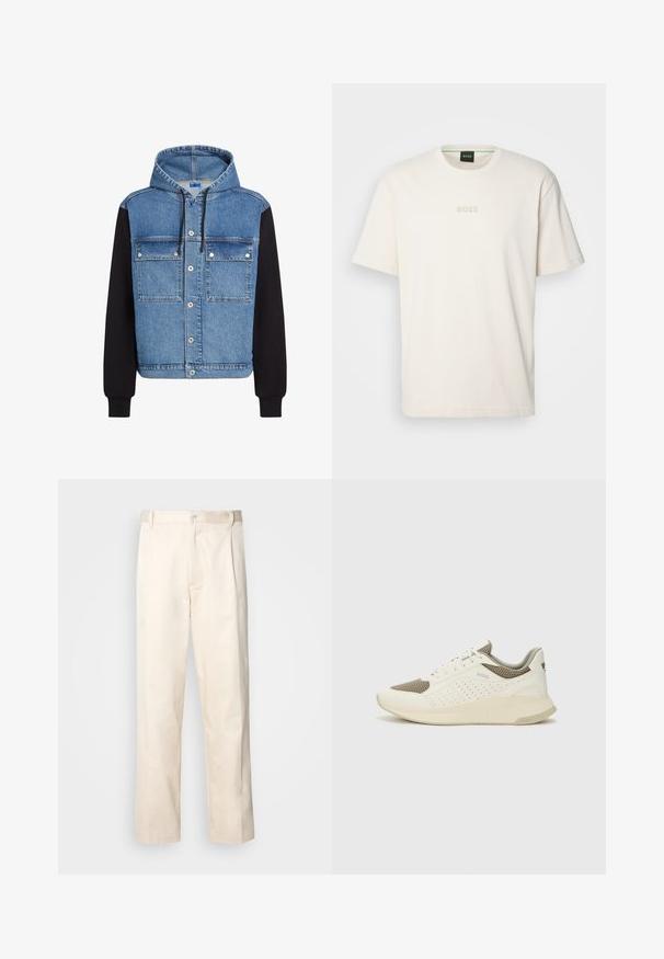 Jeans jakna z modrim zgornjim delom, črnimi rokavi, kapuco, zaponko spredaj na gumb in dvema prsnih žepoma. Mehka tekstura po vsej površini.; BOSS TEE - Navadna majica - open white; Bež cottone hlače s ravnim krojem, ki imajo gumbasto zapiranje in nabore spredaj za dodatne detajle.; Beli in svetlo bež športni copat, s mrežastim zgornjim delom, perforiranimi detajli in teksturirano srednjim delom z blagovno znamko na peti.