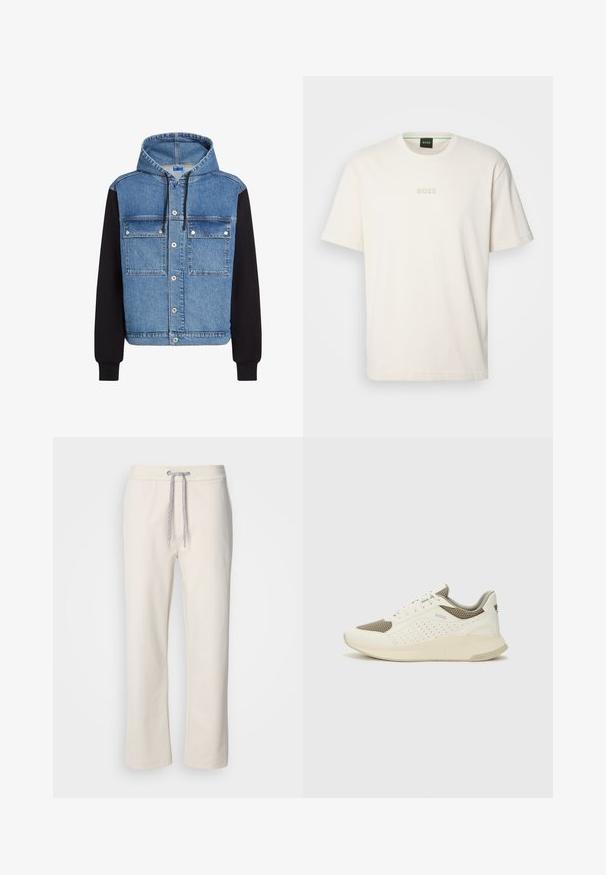 Casaco de ganga com parte superior azul, mangas pretas, capuz, fecho frontal de botões e dois bolsos no peito. Textura suave em toda a peça.; BOSS TEE - T-shirt básica - open white; Calças casuais de cor cremosa com cintura elástica e pernas retas, exibidas sobre um fundo branco liso.; Sapatilha atlética branca e bege claro, com parte superior em malha, detalhes perfurados e uma entressola texturizada com marcação no calcanhar.