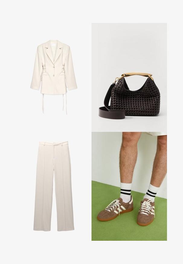 Cremefarbener Blazer mit maßgeschneidertem Schnitt, Doppelknopfverschluss und Schnürdetails an den Seiten. Verfügt über strukturierte Schultern und lange Ärmel.; Kaotiko CREW PUPPIES UNISEX - Poloshirt - beige; Weite Hose aus leichtem beigen Stoff mit glatter Textur. Verfügt über einen gefütterten Taillenbund, vordere Falten und keine sichtbaren Taschen.; Braune Wildleder-Sneaker mit weißen Akzenten und Schnürsenkeln. Gummisohle in Kautschuk-Optik. Getragen mit weißen Socken, die schwarze Streifen haben. Grüner strukturierter Fußboden.; Elleme BOOMERANG WOVEN - Handtasche - brown