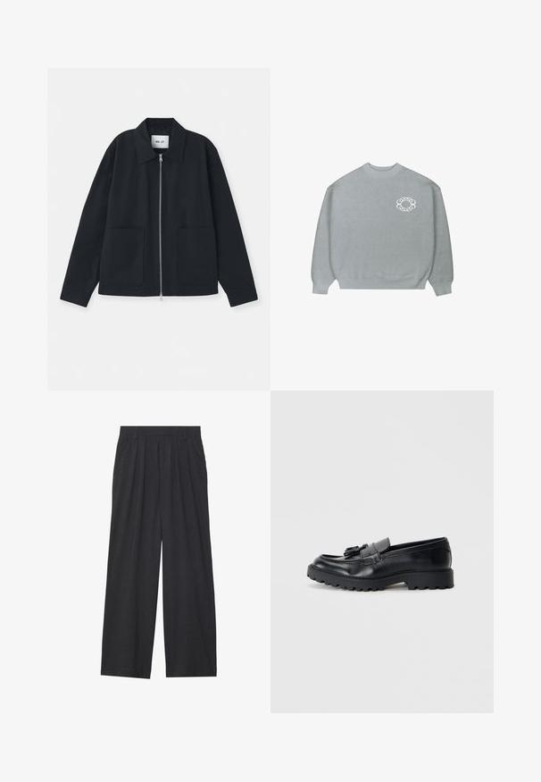 Black jacket made from smooth fabric, featuring a front zipper, large pockets, and a classic collar design. No patterns or accents visible.; Light gray crewneck sweater with ribbed cuffs and hem, featuring a small white chain-link circular logo on the left chest.; Wide-leg trousers made of dark gray fabric. Features pleats at the waist, a tailored design, and a straight silhouette.; Black leather loafers with a glossy finish, chunky rubber sole, and decorative tassel detail on the front.